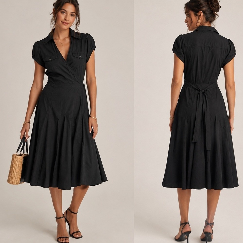 LOFT Ann Taylor Black Faux Wrap Dress Size 0 Collared Puff Sleeve Utility Pocket